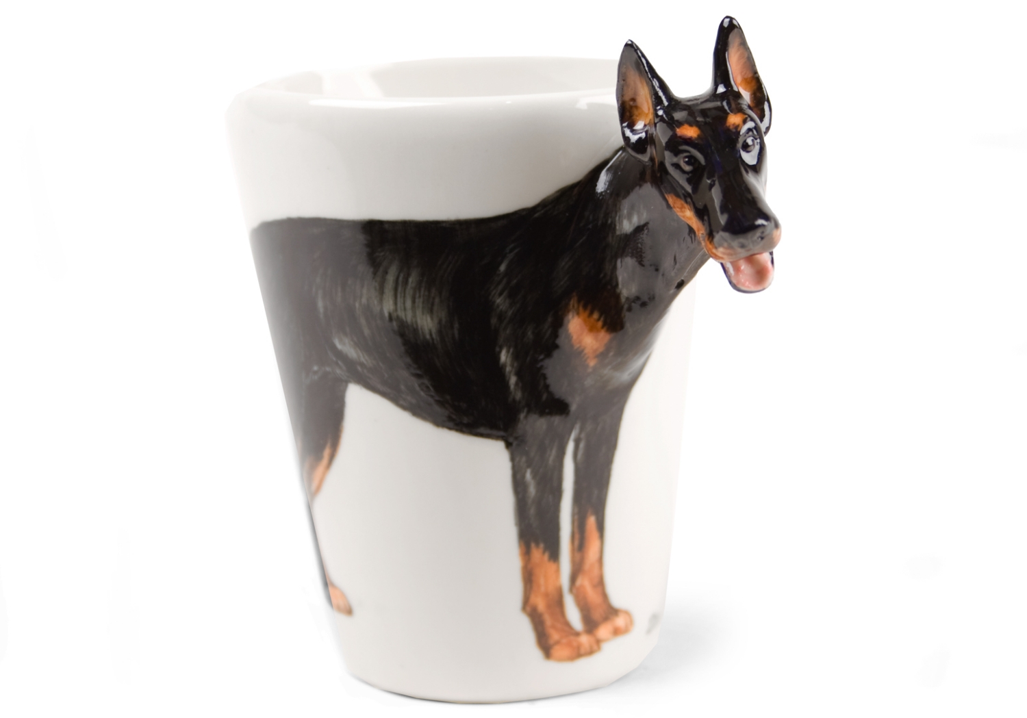 A beautiful handmade Blue Witch ceramic featuring the sleek and elegant Doberman. This fearless animal is renowned for its prowess as a guard dog.