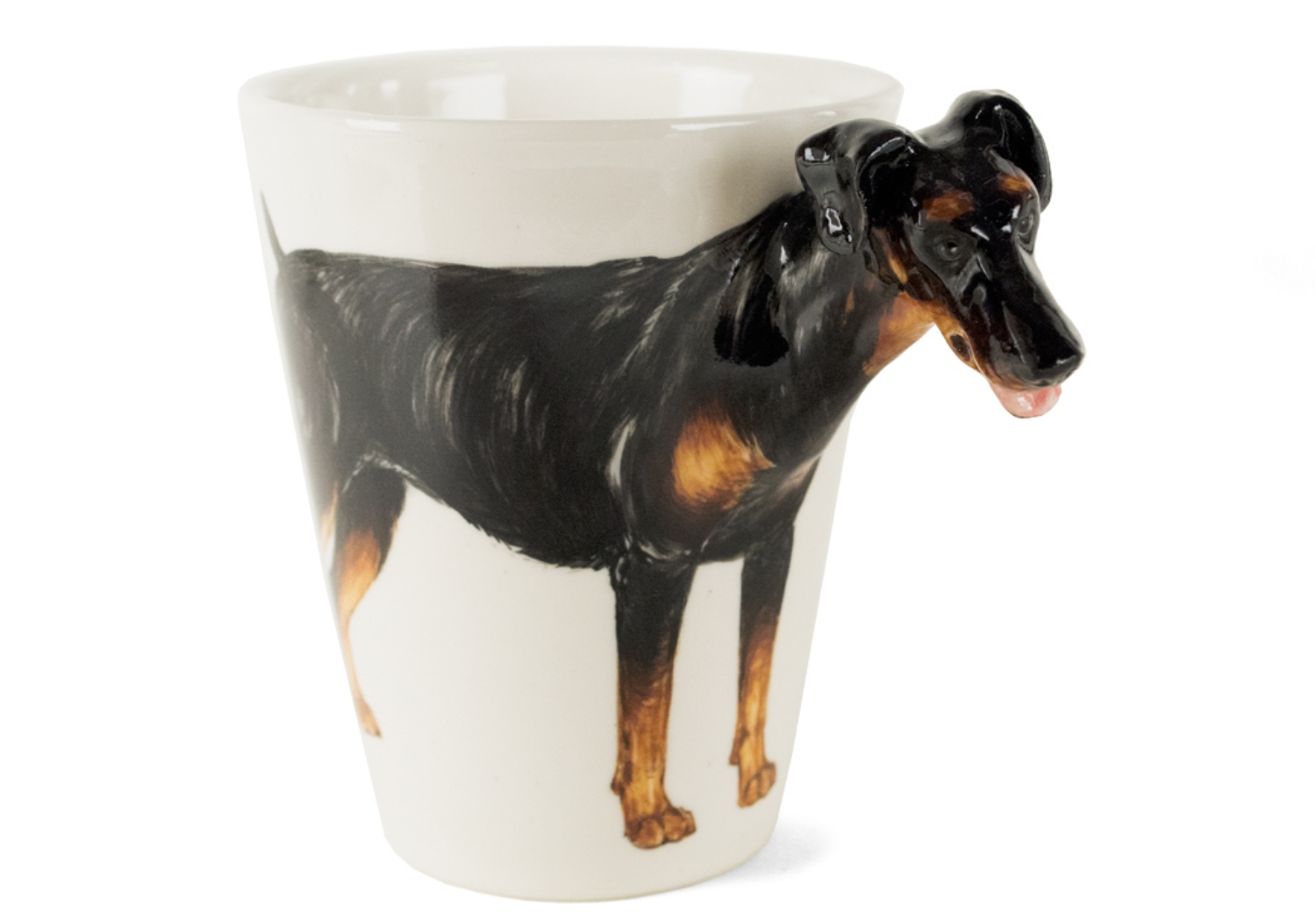A beautiful handmade Blue Witch ceramic featuring the sleek and elegant Doberman. This fearless animal is renowned for its prowess as a guard dog.