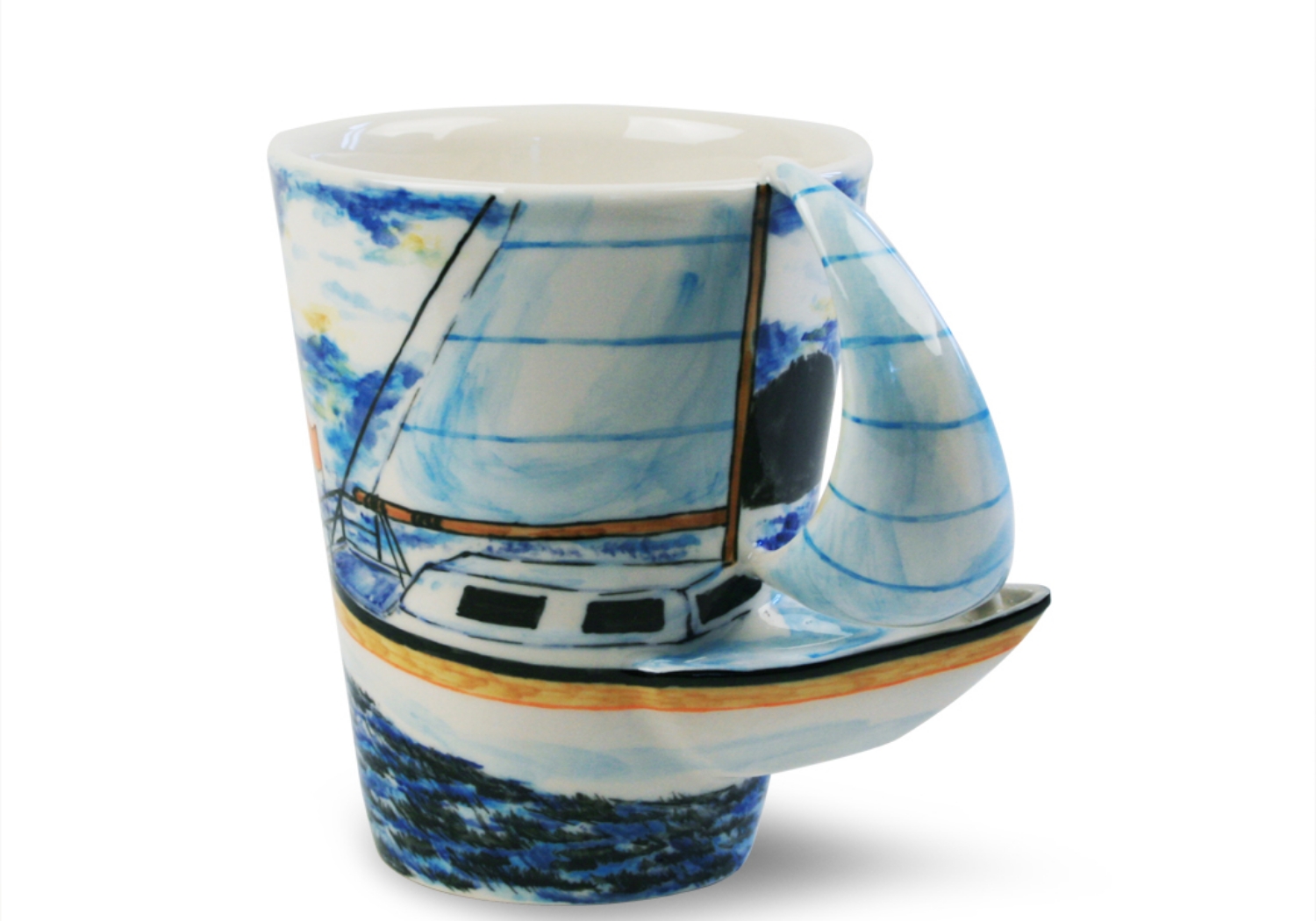 This original Blue Witch ceramic depicts a typical Bermuda rigged sloop sailing Yacht. A Bermuda's main characteristic is its ability to sail close hauled to the wind making them popular with yachtsmen for their simple handling, manoeuvrability and speed.