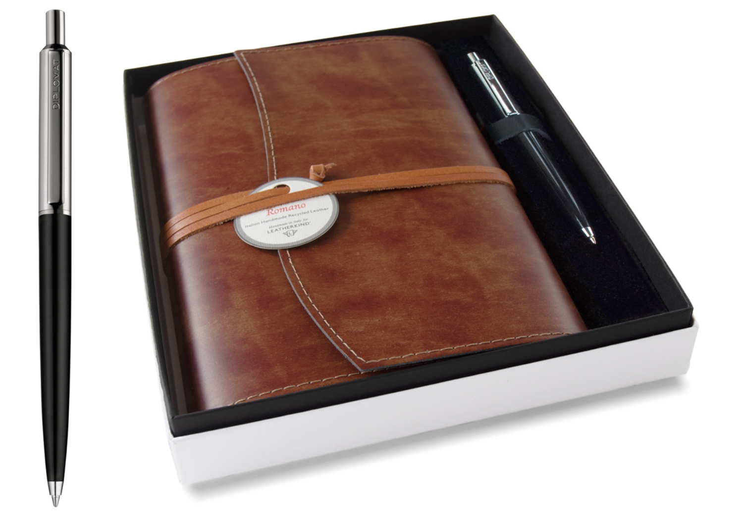 A very intelligent collection: The Romano Refillable Journal is supremely refined and redefined with natural recycled leather, specially created by professional Italian leather craftsmen. Employing advanced techniques, the environmental impact is much reduced. By using what is essentially a waste material it retains many of the properties and textures of regular leather without losing that wonderful natural leather smell. Uncompromised quality which is distinctive and is still a luxurious option. The leather has a glossy finish whilst still allowing for flexibility.