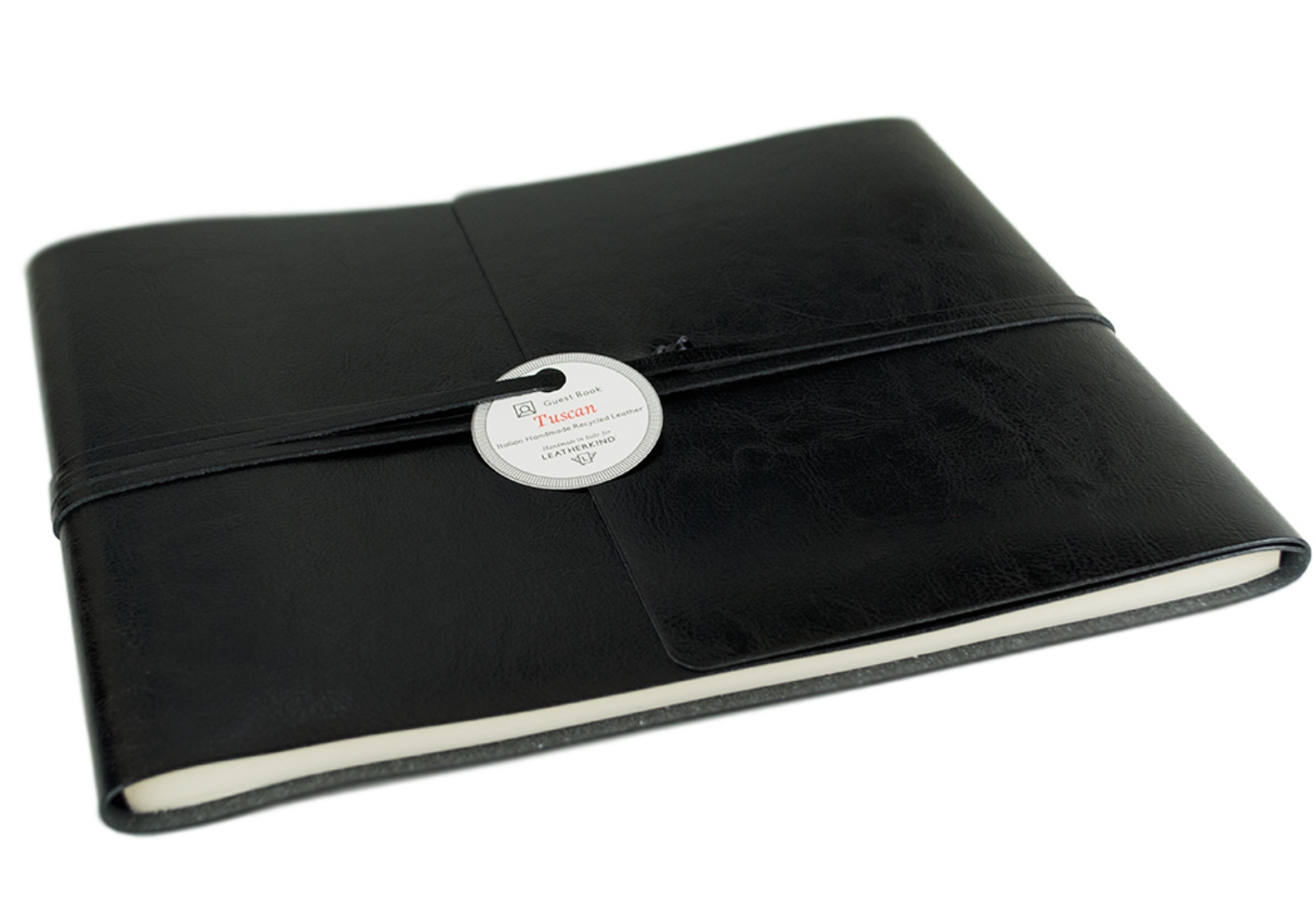 Representative of Tuscany in all its glory. The passion and skill of our Italian master craftsmen are utilised to produce the Tuscan collection, an environmentally friendly option which is still a fun yet glamorous choice. Specially developed by Italian expertise for LEATHERKIND ® Handmade in Florence using a new innovative technology: this natural recycled leather Guest Book has a smooth glossy finish which still allows for flexibility. A range of tasteful colours has been carefully selected; chocolate, burgundy, sky blue, black and red. These shade express are evocative of strength whilst remaining cheerful to look at. The envelope wrap style delivers an enduring, handsome look.