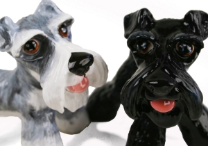 Featured here on this Blue Witch ceramic is the one and only, unmistakable Schnauzer. It has a unique and smartly distinctive look, with its compact, square build and beard. This adorable dog has its ancestral roots in the old guarding and herding dogs of Europe.