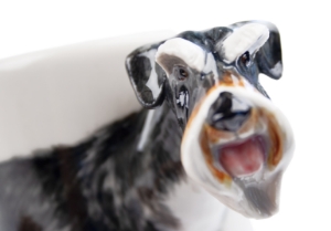 Featured here on this Blue Witch ceramic is the one and only, unmistakable Schnauzer. It has a unique and smartly distinctive look, with its compact, square build and beard. This adorable dog has its ancestral roots in the old guarding and herding dogs of Europe.