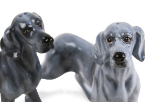 The fearless and headstrong Weimaraner originates from Germany where it was bred to track and hunt large game and its instincts mean it is still used as a guard and watchdog, although it is also a much-loved family pet. Beautifully presented on this Blue Witch ceramic.