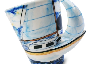 This original Blue Witch ceramic depicts a typical Bermuda rigged sloop sailing Yacht. A Bermuda's main characteristic is its ability to sail close hauled to the wind making them popular with yachtsmen for their simple handling, manoeuvrability and speed.