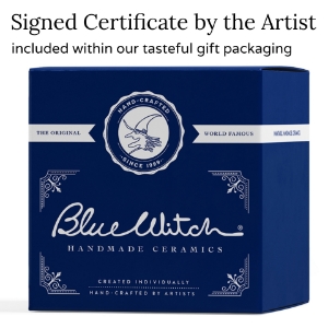 This original Blue Witch ceramic depicts a typical Bermuda rigged sloop sailing Yacht. A Bermuda's main characteristic is its ability to sail close hauled to the wind making them popular with yachtsmen for their simple handling, manoeuvrability and speed.